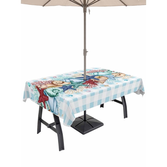 Outdoor Tablecloth with Umbrella Hole and Zipper, Red Starfish Rectangle Table Cloth 52x70 Inch Waterproof Tablecloth, Summer Conch Coral Beach Blue Plaid Picnic Table Cover for Patio Camping