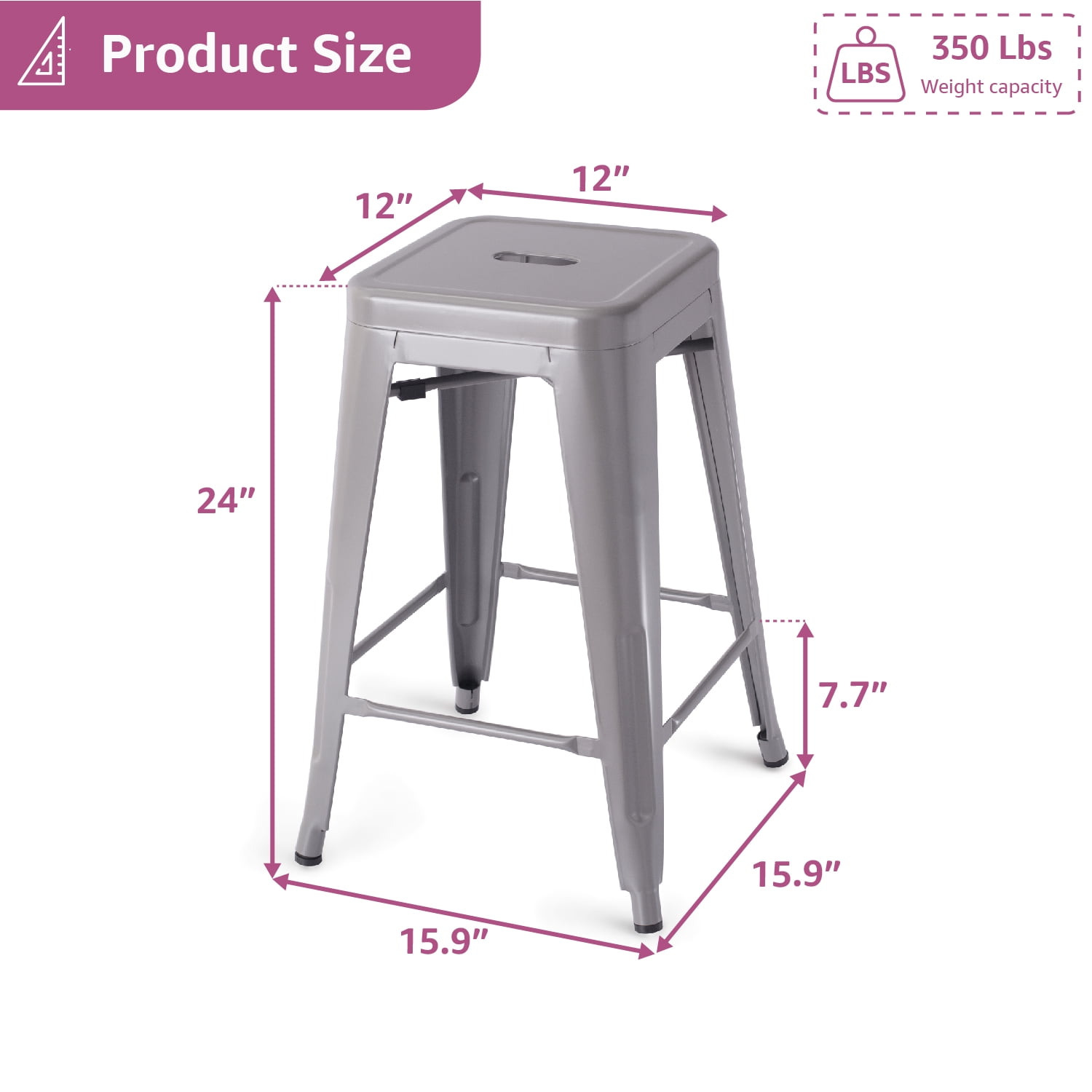 VOLIX 24inches Gray Stackable Metal Bar Stool Backless Indoor-Outdoor Counter Stools Set of 4