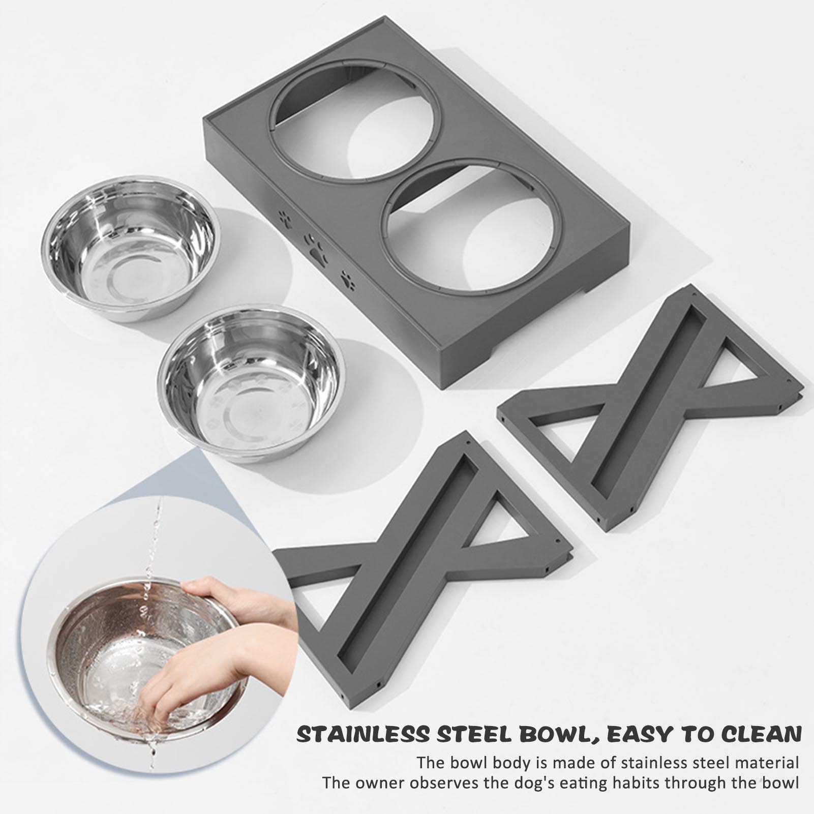 Adjustable Height Elevated Dog Bowl Stand, Stainless Steel Raised Feeder with Non-Slip Base, Food Grade Slow Feed Bowls for Healthy Digestion, Kitchen Pet Station