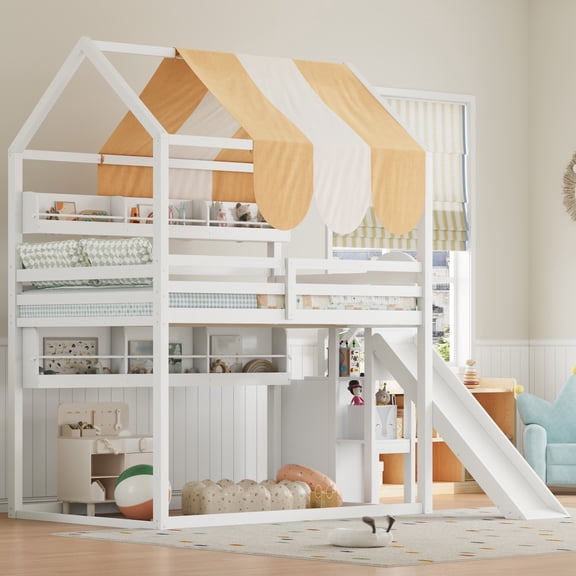 Luckynote Full Size House Bed with Canopy, Slide, Built-In Bookshelves for Bedroom, White
