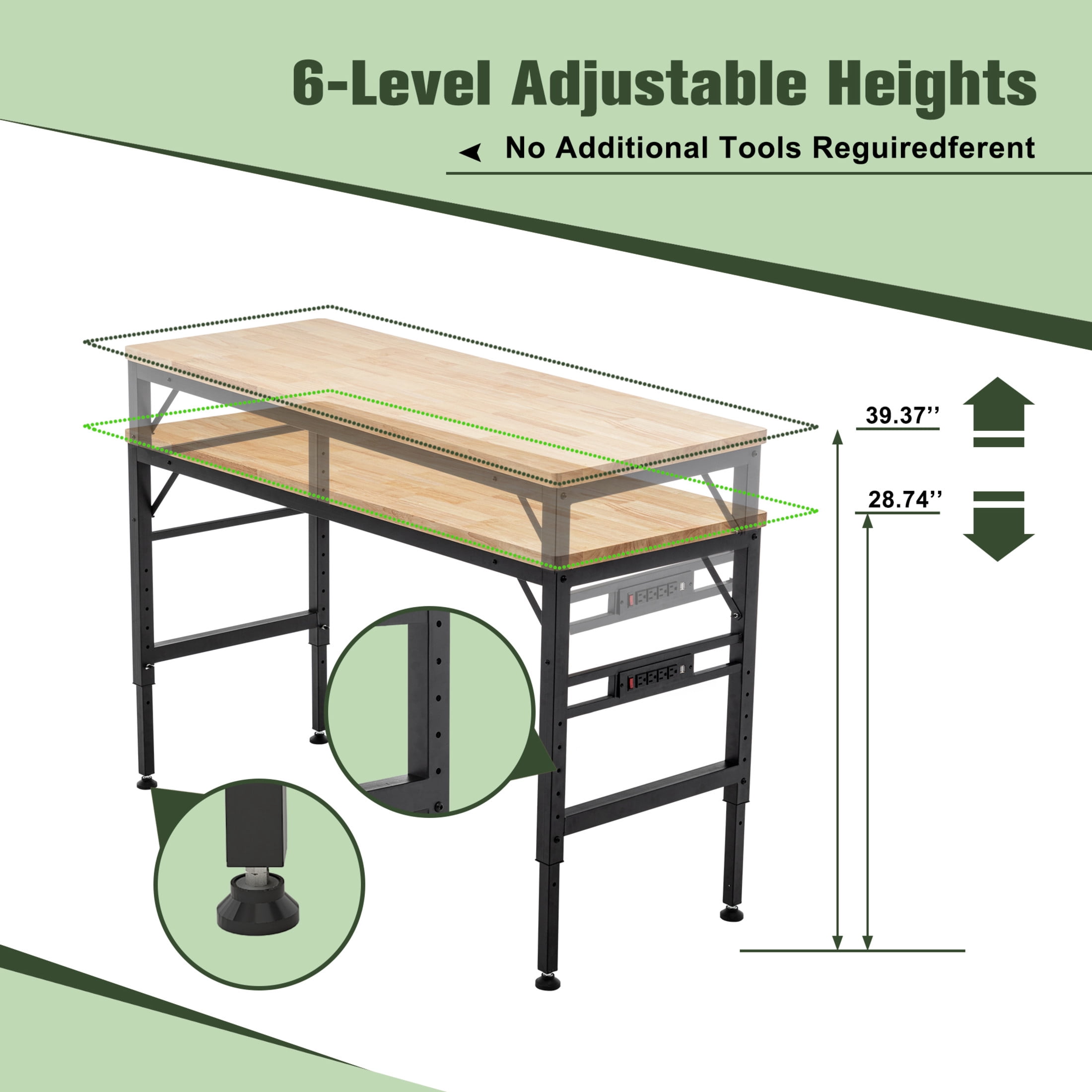 Noble House 60" Heavy-Duty Adjustable Workbench with Thick Rubber Wood Top, Hardwood Workstation, Black & Natural