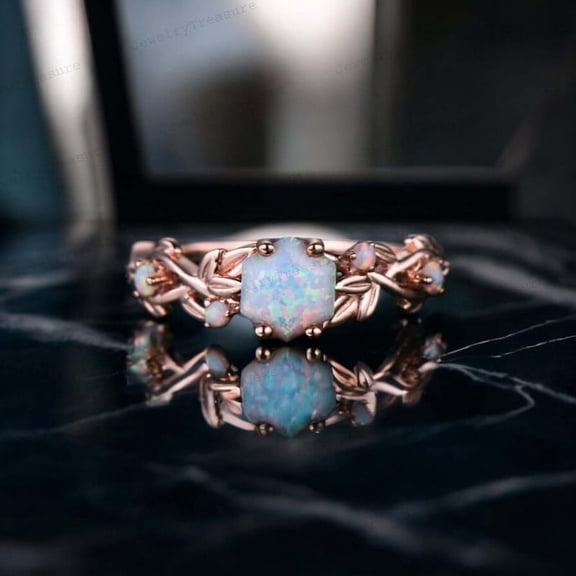 JEWELRYTREASURE Hexagon Opal Twig Ring / Natured - Inspired Leaf Ring / October Birthstone Gift For Love