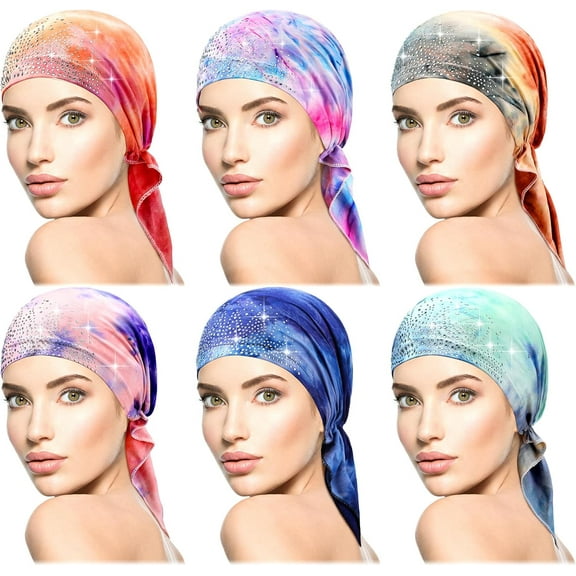 6Pcs Rhinestone Head Scarf Stretchy Head Wrap Women Bandana Beanie Pre Tied Turban Cap Skull Cap Headbands