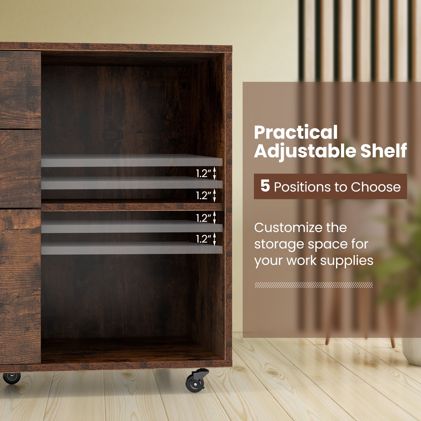 Giantex Rolling File Cabinet, Lateral Filing Cabinet w/Open Storage Shelves, Under Desk Storage Organizer, Mobile Printer Stand, Brown