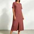 thumbnail image 5 of Levmjia Women's Summer Dress Short Sleeve Crew Neck Side Pocket Casual A Line Midi Dress with Side Slit Loose Fit Solid Color Day Dresses, 5 of 6