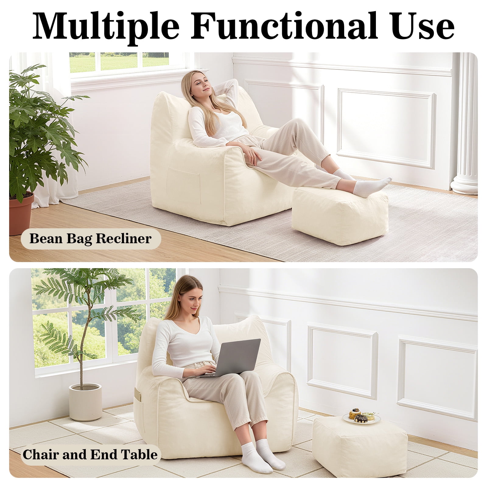 Bean Bag Chair with Ottoman Bean Bag with Footstool for Adults Teens, Bean Bag Sofa with Washable Cover, Pocket, Handle for Bedroom, Living Room, Beige