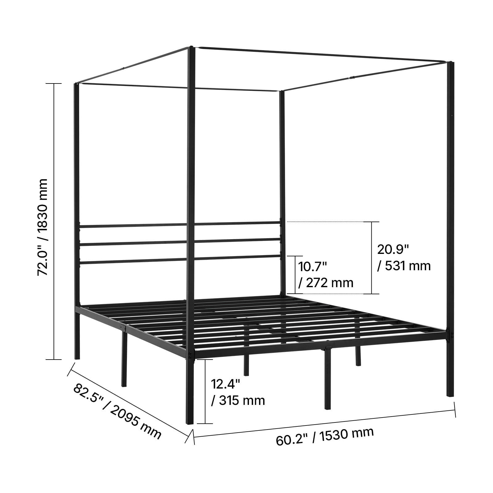 VEVOR Queen Size Canopy Bed Frame, Metal Canopy Bed with Four Posters Design, Heavy Duty Steel Slats Support, Underbed Storage Space, No Box Spring Needed, Easy Assembly, Black