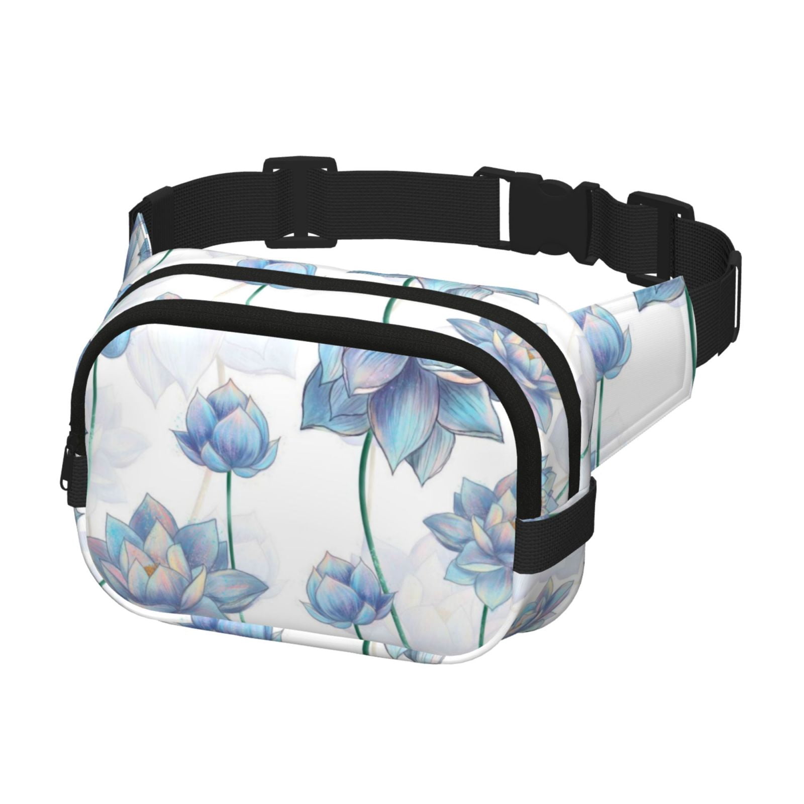 Hirioo Pale Blue Lotus Flowers for Double Layer Waist Bag Adjustable Fanny Pack For Travel Running Hiking