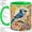 Green, variant on Blue Jay Floral Sunburst Coffee Mug, Blue Jay Mug, Morning Tea Cup for Home, Crested Bird on Branch with Colorful Flowers and Swirl Vines, Garden Wildlife Art, Backyard Birdwatcher