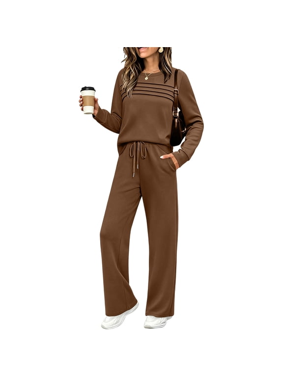 Womens Sweatsuits 2 Piece Set Lightweight Airport Travel Outfit Long Sleeve Shirts & Wide Leg Pants Loose Fit Track Suits Fall Fashion 2026 Coffee XL