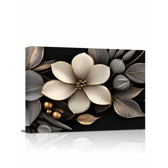 Gold Black Flower Wall Art for Living Room,Canvas Picture Wall Decor for Bathroom Bedroom,Blossoming Botanical Prints Leaf Painting Artwork for Office Kitchen Hallway Dining Room Home Decor 12"x16"
