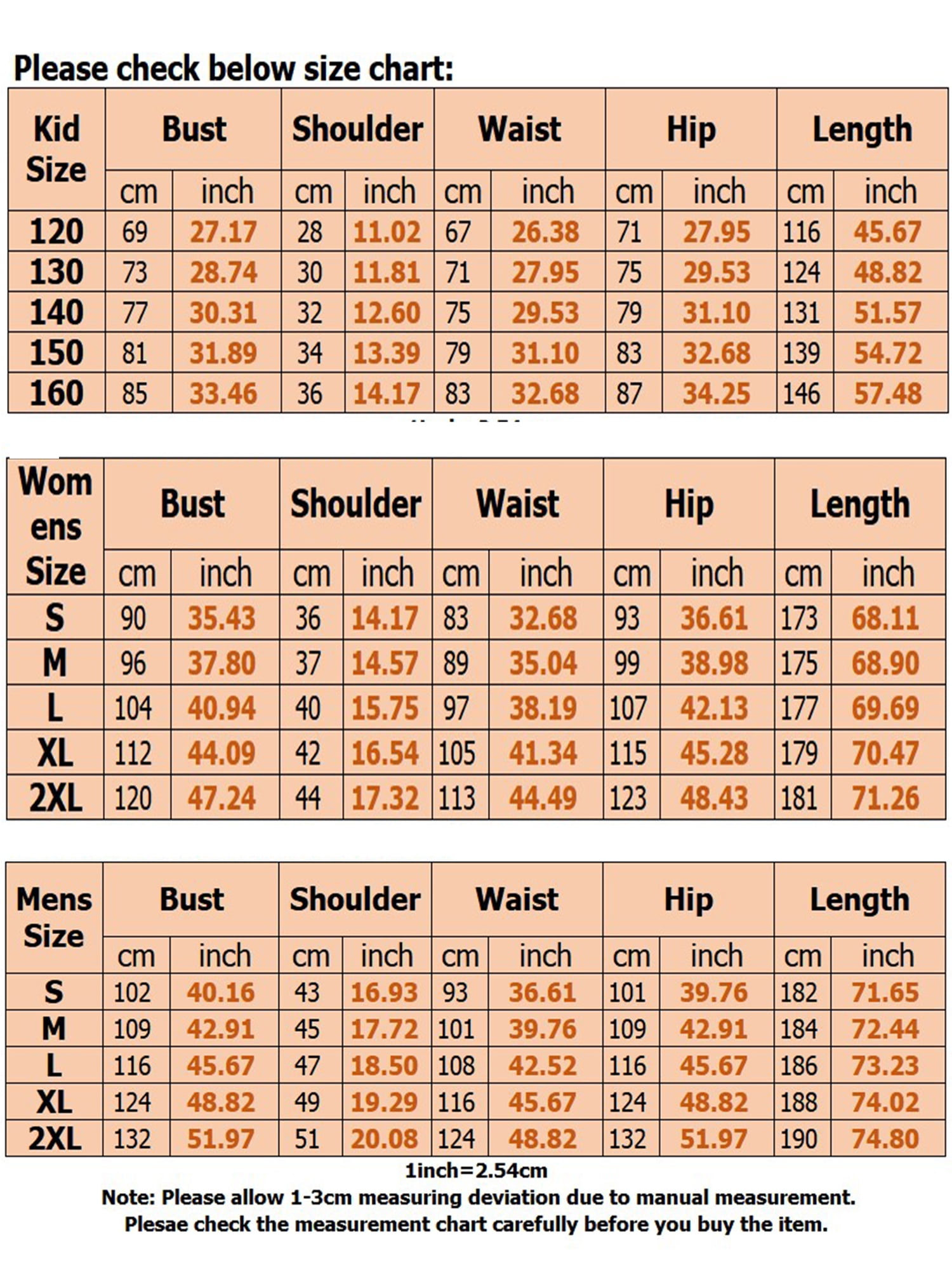 size chart for pyjamas