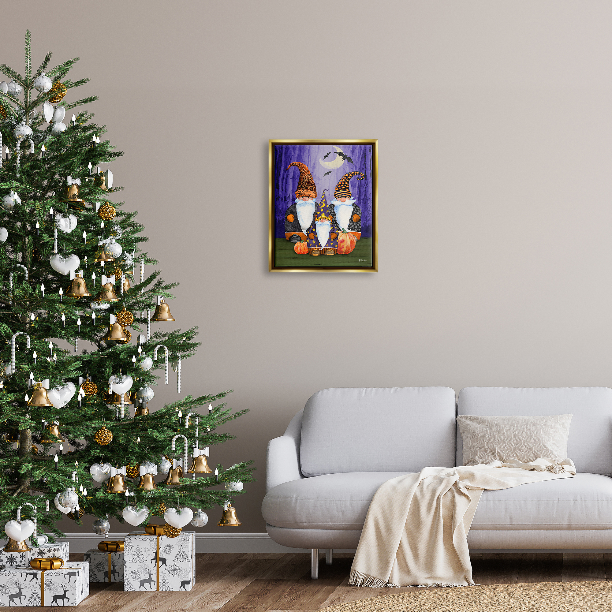 Stupell Industries Three Halloween Gnomes Holiday Painting Gold Floater Framed Art Print Wall Art, 17 x 21