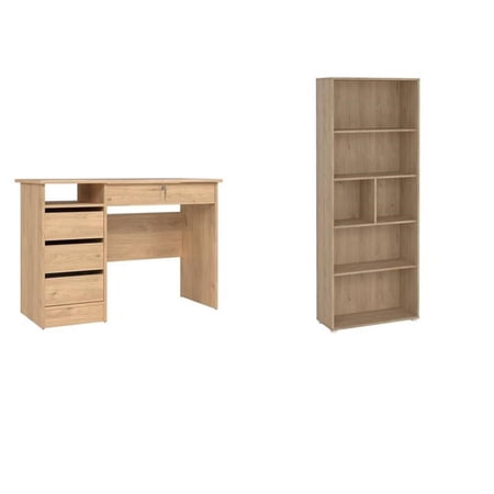 Pemberly Row Set of 2 Home Office Desk & Adjustable 6-Shelf Bookcase in Hickory