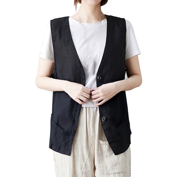 WNEGSTG Vests for Women 2023 Spring and Autumn Linen Vest Sleeveless Casual Vest Solid Sweetheart Cotton Linen Short Coat