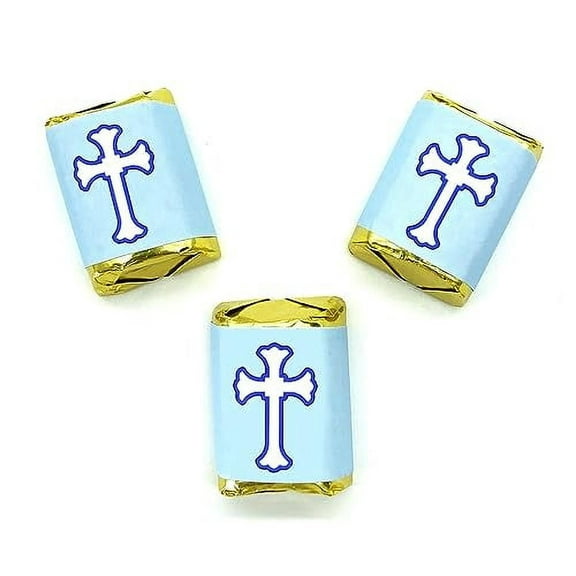 90 Blue Baptism Nuggets Labels, Chocolate Candy Wrapper Stickers, Cross for Christening, Communion, Birthday or Baby Shower Decorations Theme, Made in USA