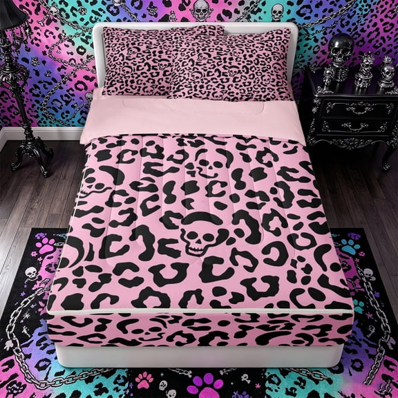 Castle Fairy Y2K Leopard Skull Zipper Twin Comforter Sets with Fitted Sheet and 2 Pillowcases,Pink Cheetah Skeleton Silhouette Zipper Bedding Set,Hot Pink Black,4-Piece,Pink Reversible
