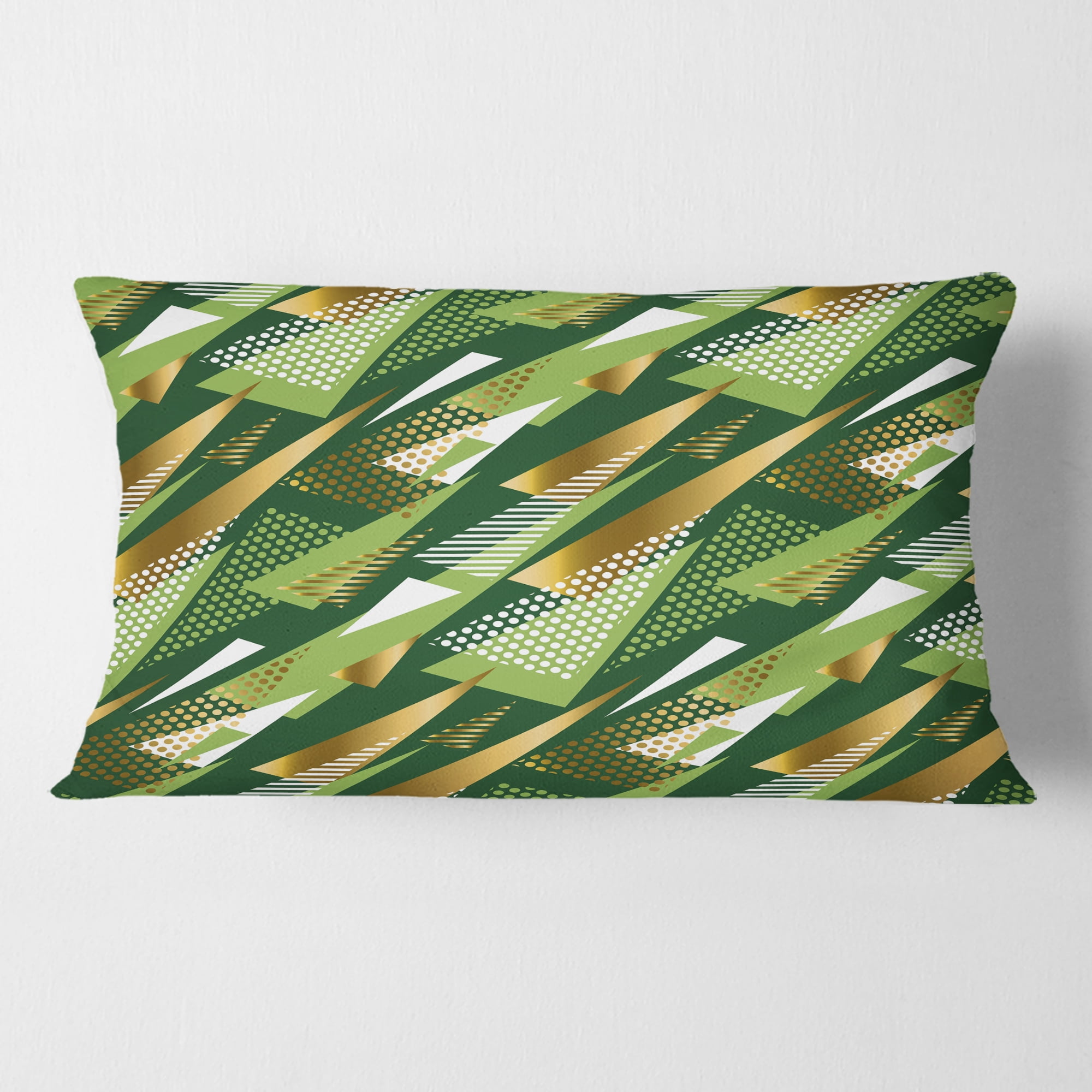 Designart Triangular Gold and Green Design I' Mid-Century Modern Throw Pillow - 12x20