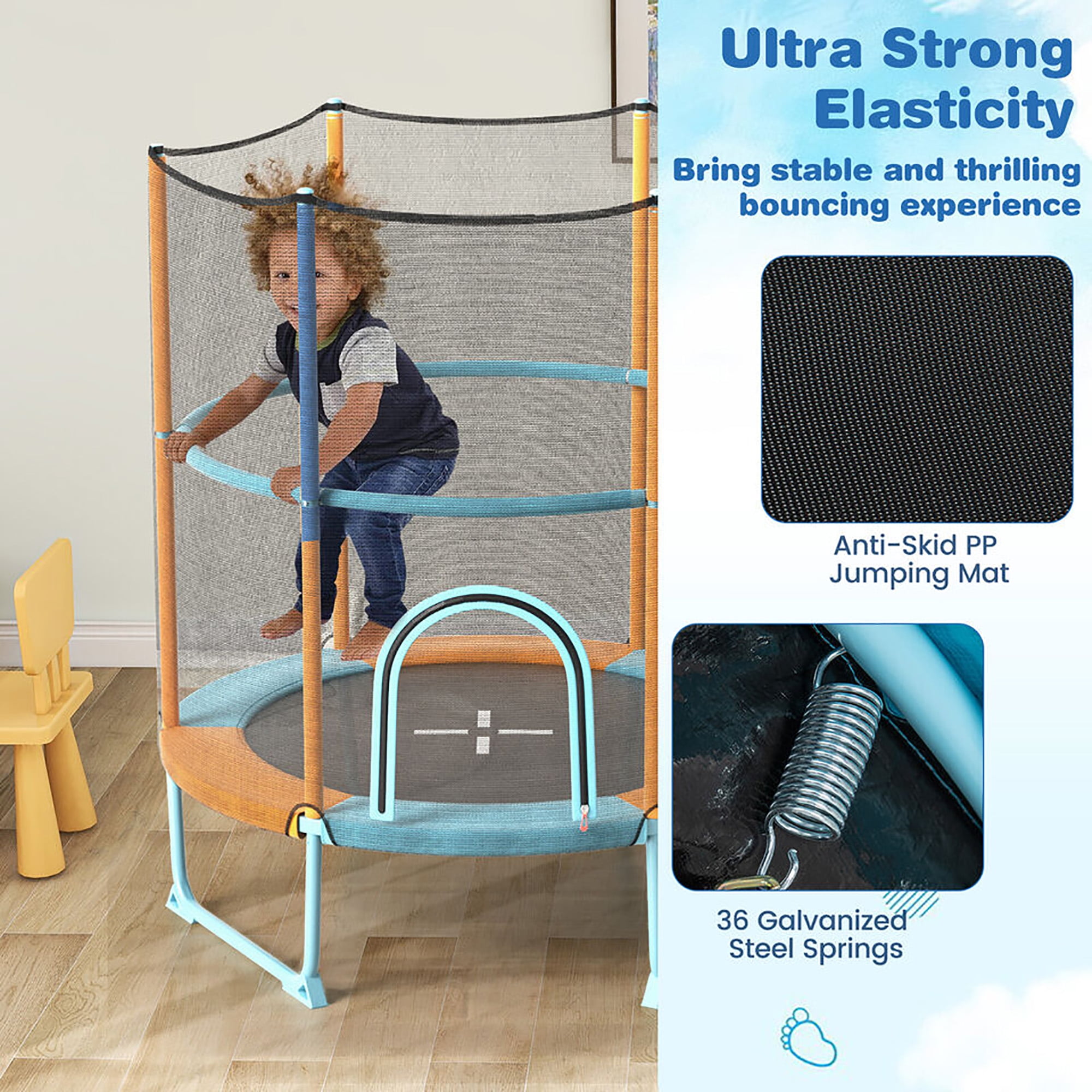 Gymax 60'' Trampoline for Kids w/ Gymnastic Bar Rings Foamed Handle No Gap Design Blue & Orange