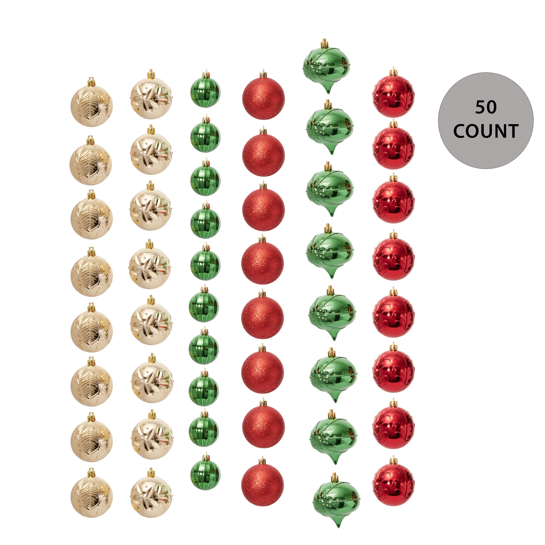 Red, Green and Gold Shatterproof Christmas Ball Ornaments, 50 Count, by Holiday Time
