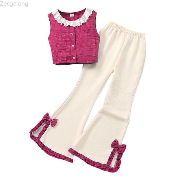 Zecgelong Girls Fashion Bow Knot Sleeveless Crop Top And Flared Pants Outfit Casual Summer Wear Girls Outfits Sets Age 9-10 Years
