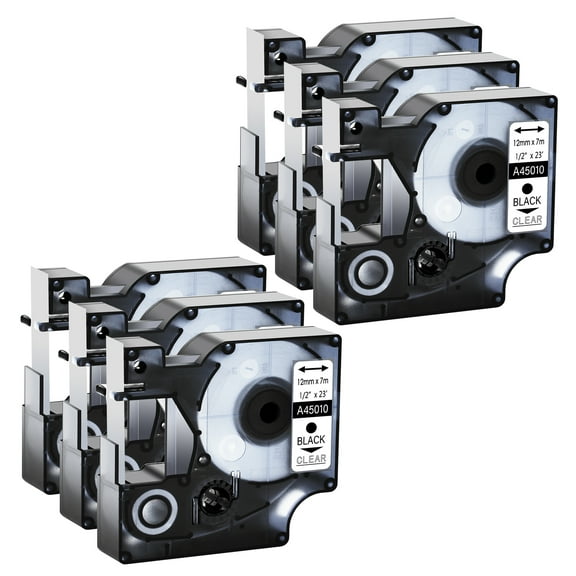 GREENCYCLE 6PK Compatible for DYMO D1 Label Tape 45010 12mm 7m Black on Clear for LabelManager LabelPoint LabelWriter Label Maker