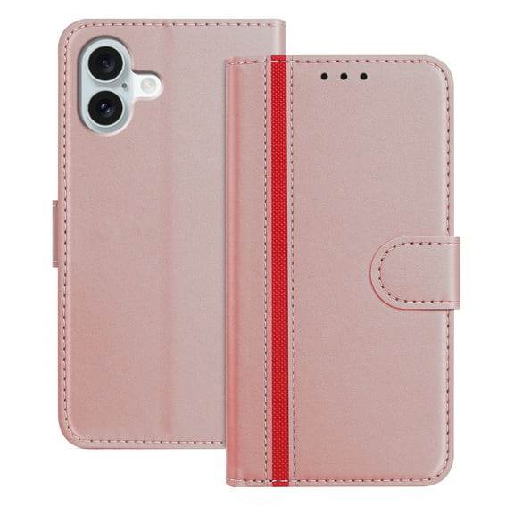Premium PU Leather Case Compatible for iPhone 16, PU Leather Wallet Flip Folio Case with Kickstand Card Slots Magnetic Closure for iPhone 16 Full Body Protective Cover, Rosegold