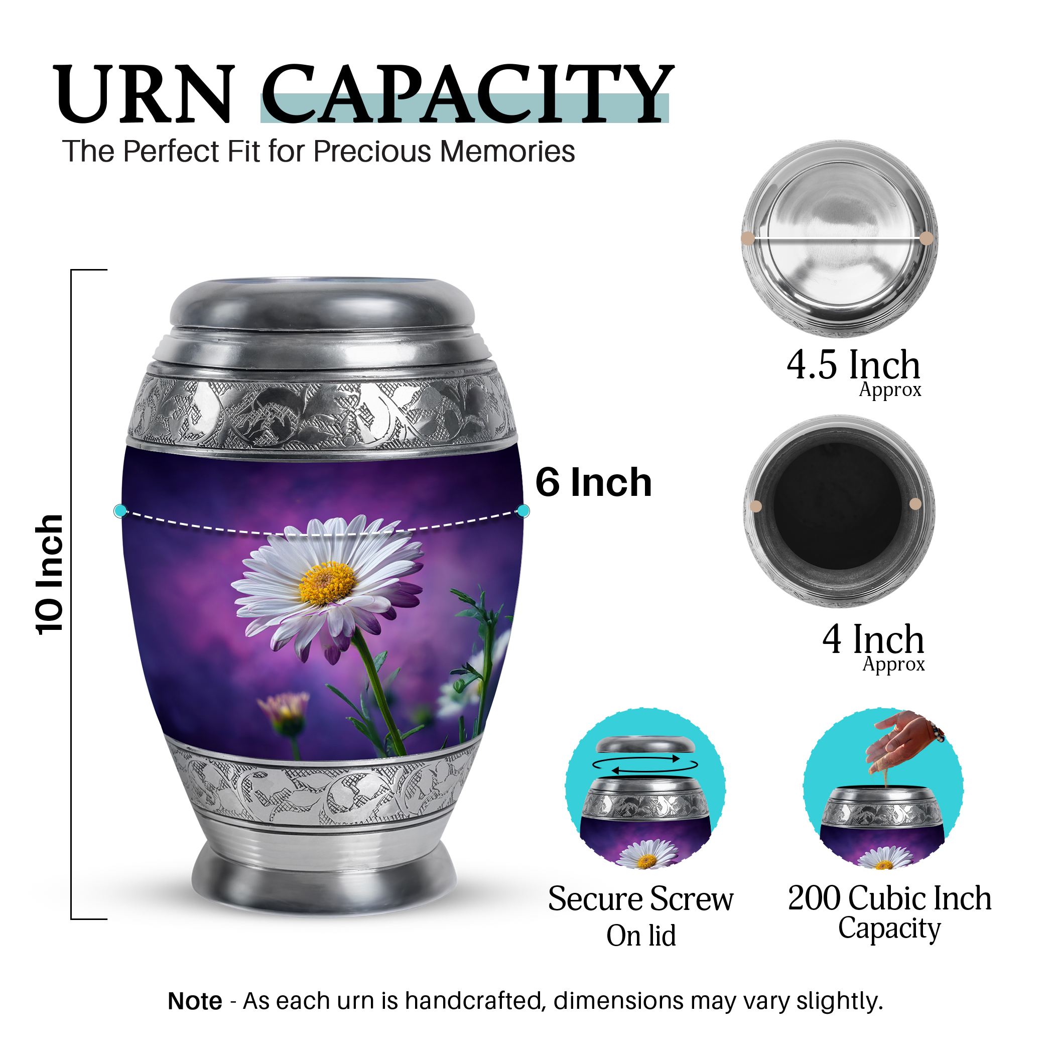 SABURIAL Daisy Urn - Funeral Urn Ashes - Unique Design - 10 Inch - Large With Velvet Bag - Urns For Adult Male & Female - Ashes Urns Human Remains - Decorative For Cremation