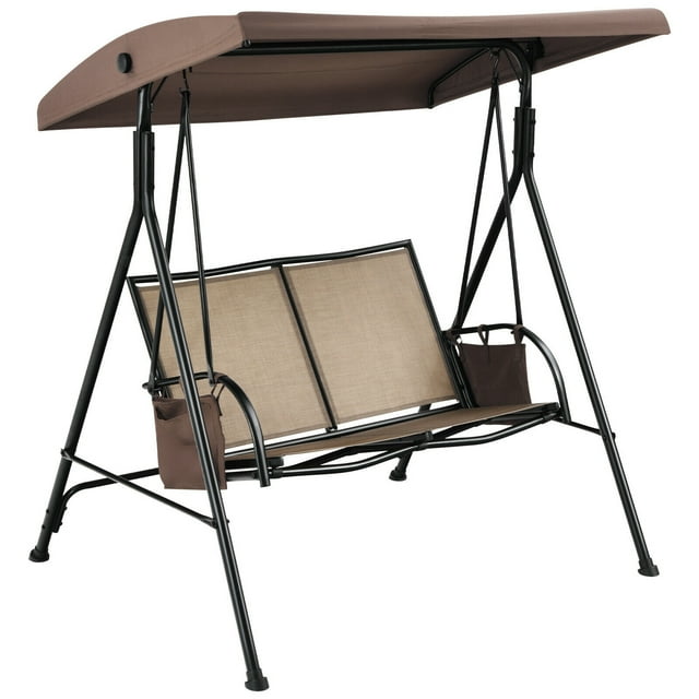 Gymax Chaise Balançoire à Auvent Réglable pour 2 Personnes Patio Extérieur avec 2 Poches de Rangement