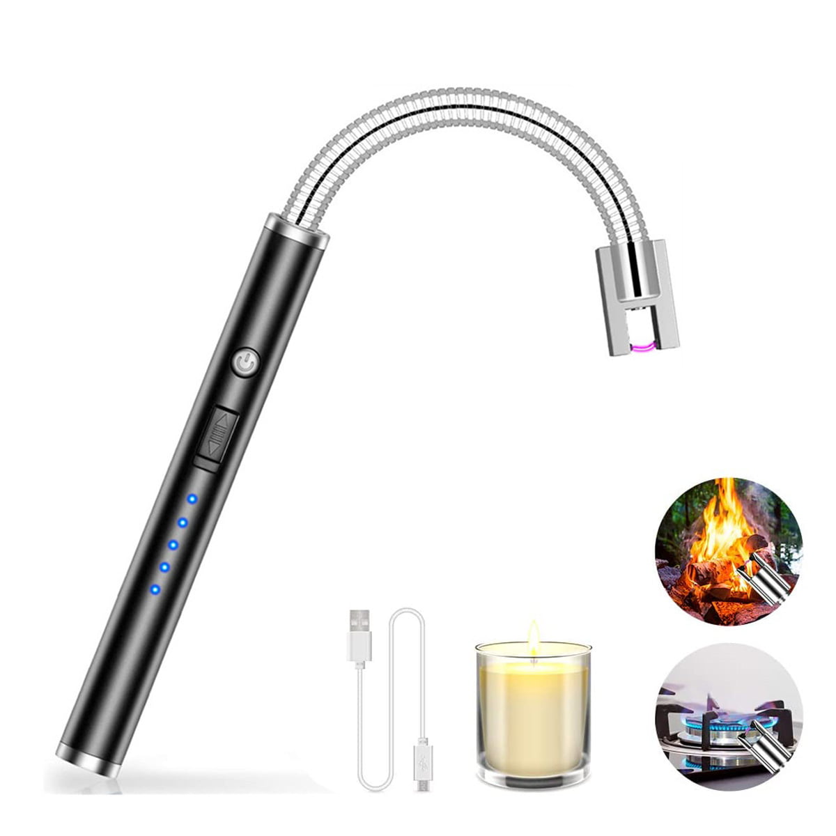 Silver Candle Lighter,Electronic Lighters Long Reach USB Rechargeable,Plasma Arc Flameless Lighter with LED Battery Display for Kitchen,Barbecue,Candles,Camping,Cooking,BBQs,Fireworks