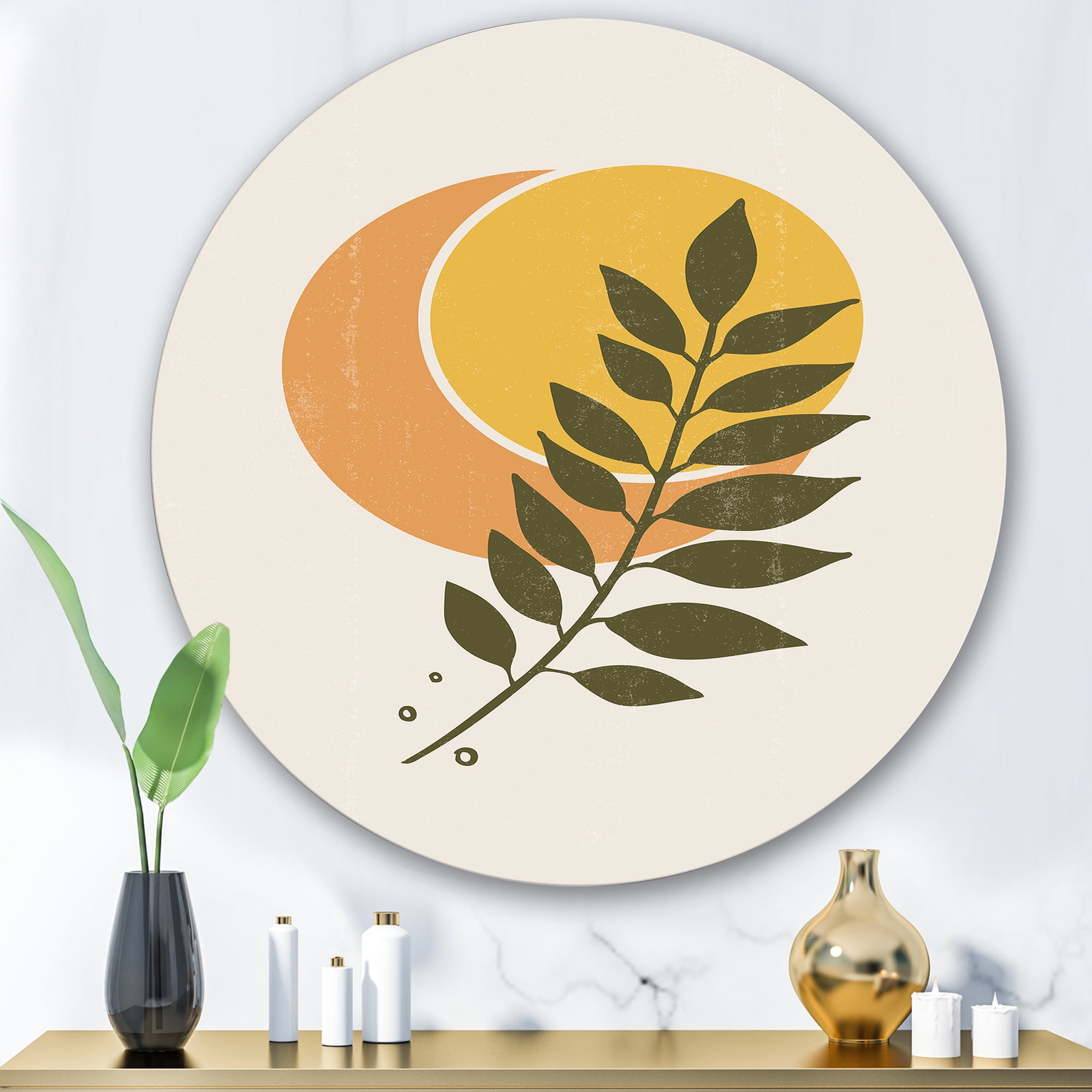 Designart 'Abstract Geometrical Moon and Sun With Leaf V' Modern Circle Metal Wall Art 29x29 - Disc of 29