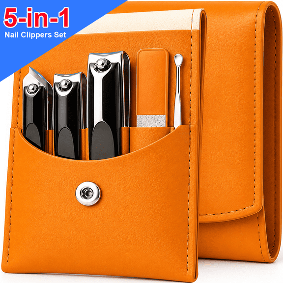 Camkey Pro 5-in-1 Nail Clippers Set for Men & Women, Stainless Steel Fingernail Clippers and Toenail Clippers, Ultra Sharp Angled Nail Cutter Kit with Nano Glass File, Leather Case for Travel