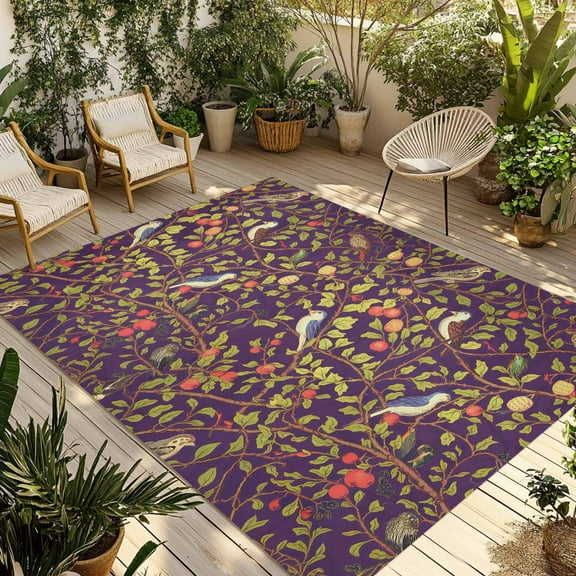 Fsddascl Botanical Birds Outdoor Rug for Patio/Deck/Porch, Non-Slip Large Area Rug 6 x 9 Ft, Art Abstract Leaves Purple Indoor Outdoor Rugs Washable Area Rugs, Reversible Camping Rug Carpet Runner