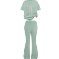 thumbnail image 5 of Caqnni 9-10 Years Teen Girls Tracksuit Short Sleeve Tops T Shirt And Flared Trousers Teenager 2 Piece Outfits Kids Sets For Teen Girls Running Tracksuit A30-Green, 5 of 5