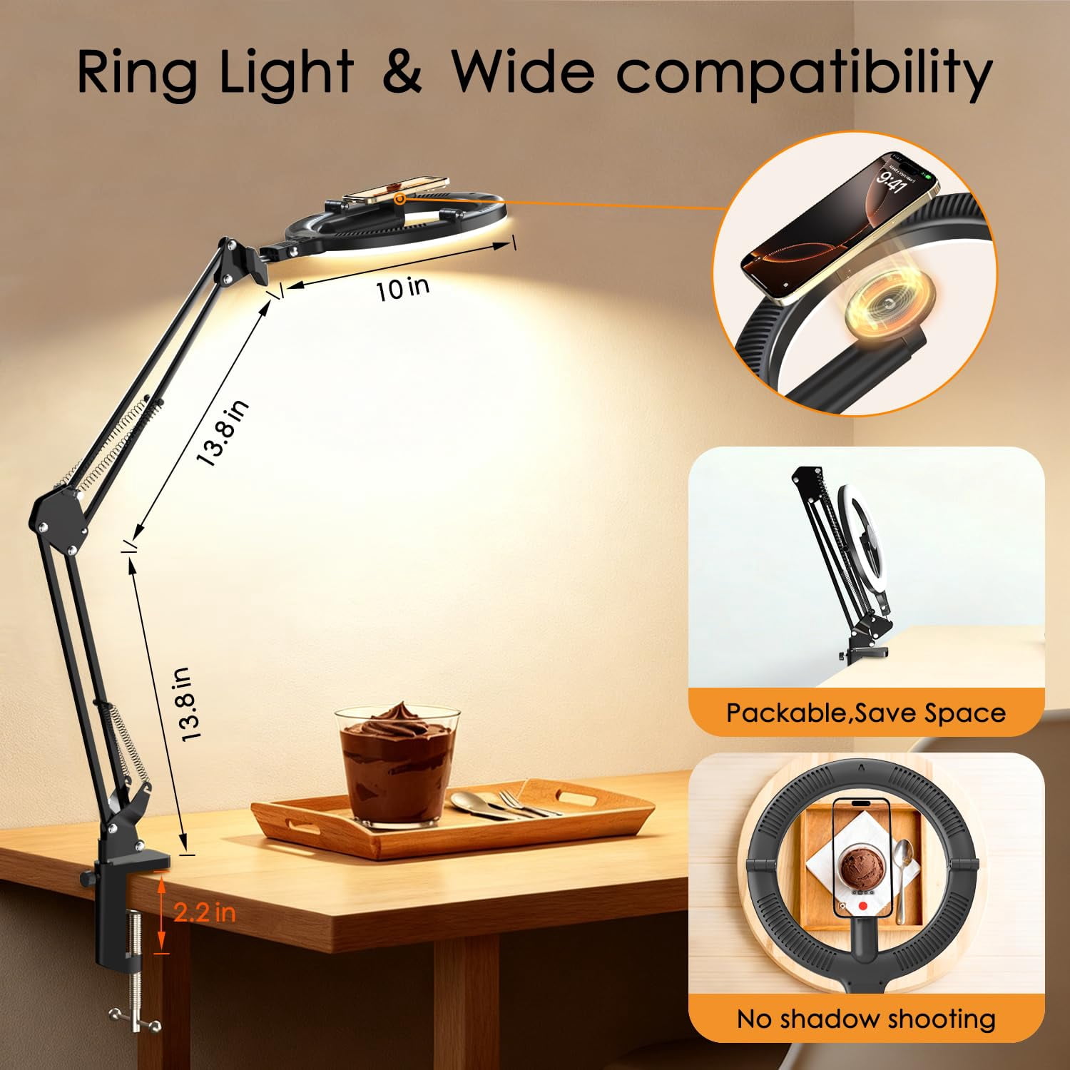 Magnetic Overhead Phone Mount With 10" Ring Light  5000mah Flexible Articulating Circle Lamp Table Tripod Stand For Video Recording Cooking Zoom Meeting Live Streaming