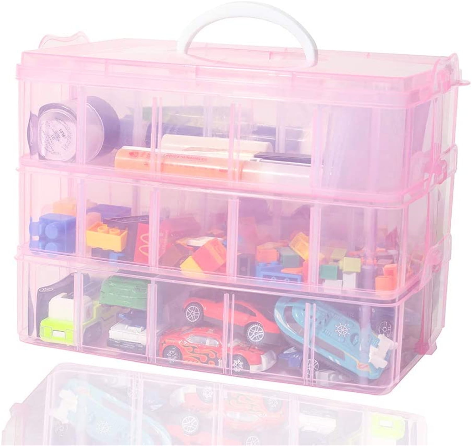Casewin 3-Tier Transparent Stackable Adjustable Compartment Slot Plastic Craft Storage Box Organizer Snap-Lock Tray Container with 30 Compartment Pink