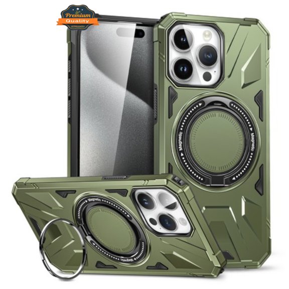 For Apple iPhone 16 (6.1") Tough Shockproof Hybrid with Magnetic Ring Stand Compatible with MagSafe TPU PC Protective Phone Case Cover by Xpression - Green