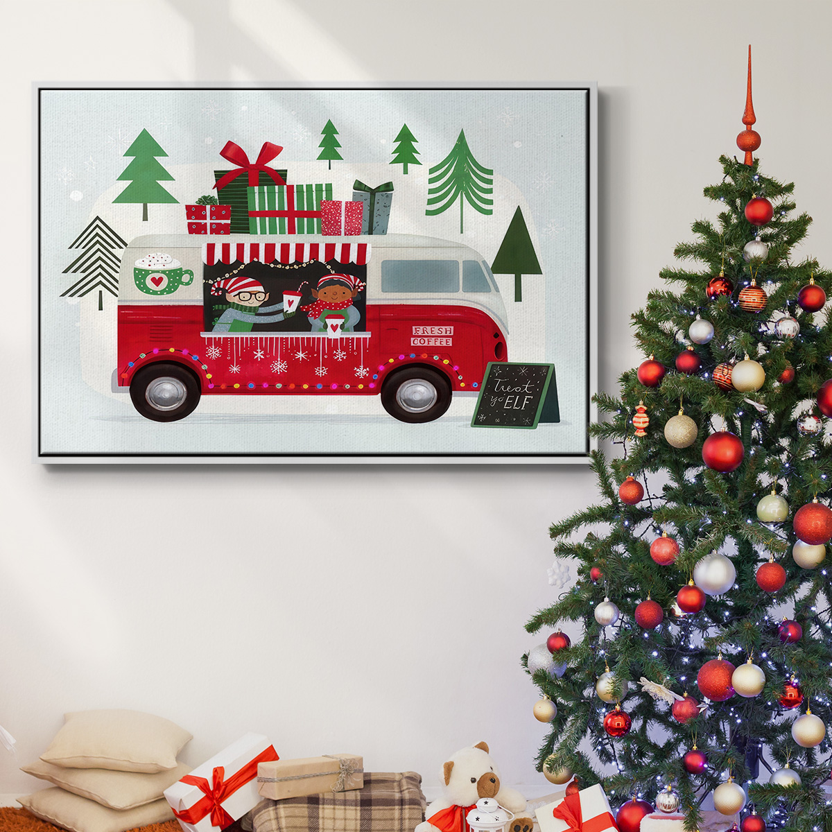 Santa's Foodtruck Collection A - Framed Gallery Wrapped Holiday Canvas - 27 x 41 - White Frame