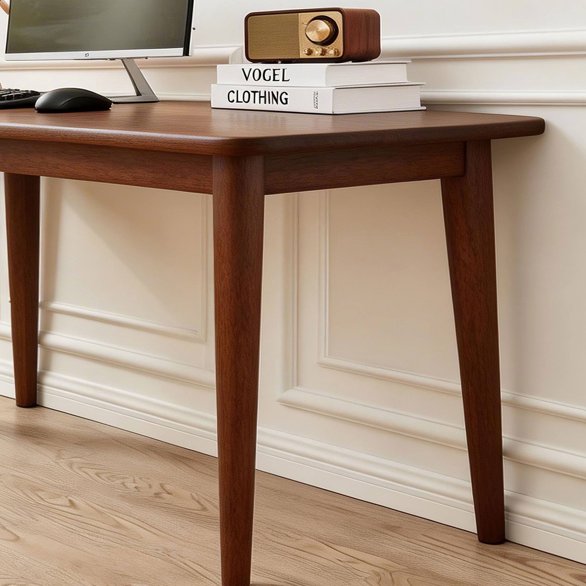 MAYEERTY Solid Rubberwood Writing Desk, Mid-Century Modern Computer Desk with Walnut Finish, for Small Spaces Bedroom Home Office Dorm Room
