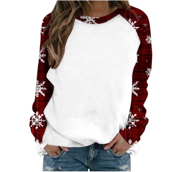 Womens Christmas Sweatshirts Colorblock Crewneck Pullover Long Sleeve Plaid Snowflakes Loose Casual Holiday Tops (XL, Red)