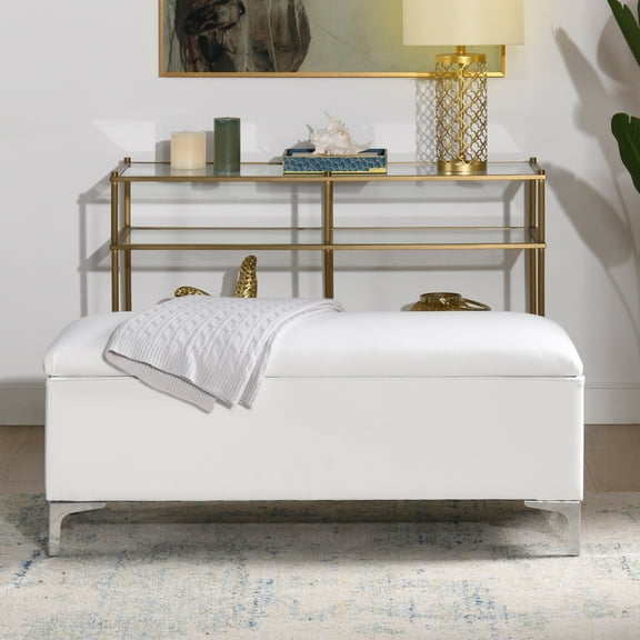 Madelyn 49" Modern Storage Bench,Bright White Dye,White Fabric Furniture Primary Living Space Storage Benches