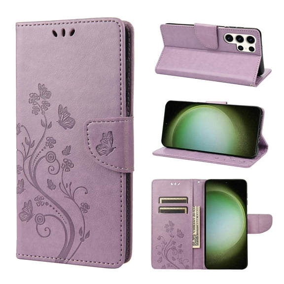 For Samsung Galaxy S25 Ultra Wallet Case,Cute Embossed Butterfly & Flower Patterned Flip Premium PU Leather [Flip Kickstand] [Card Slots] [Wrist Strap] [Magnetic Closure] Phone Cover, Lightpurple