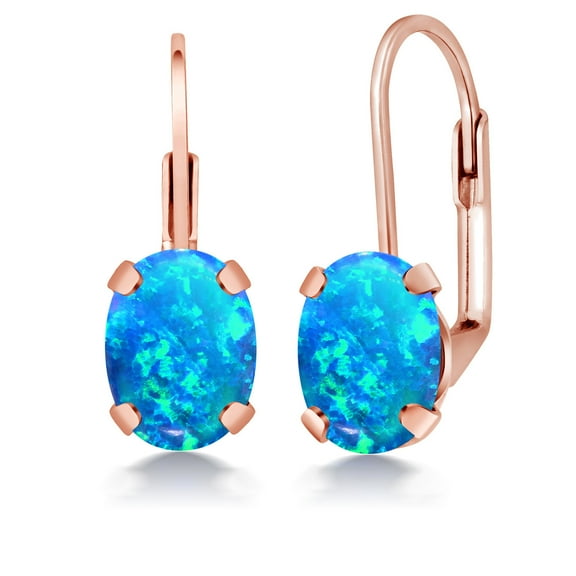 Gem Stone King 2.12 Ct Oval Cabochon Blue Simulated Opal Brass Rose Gold Plated Brass Earrings