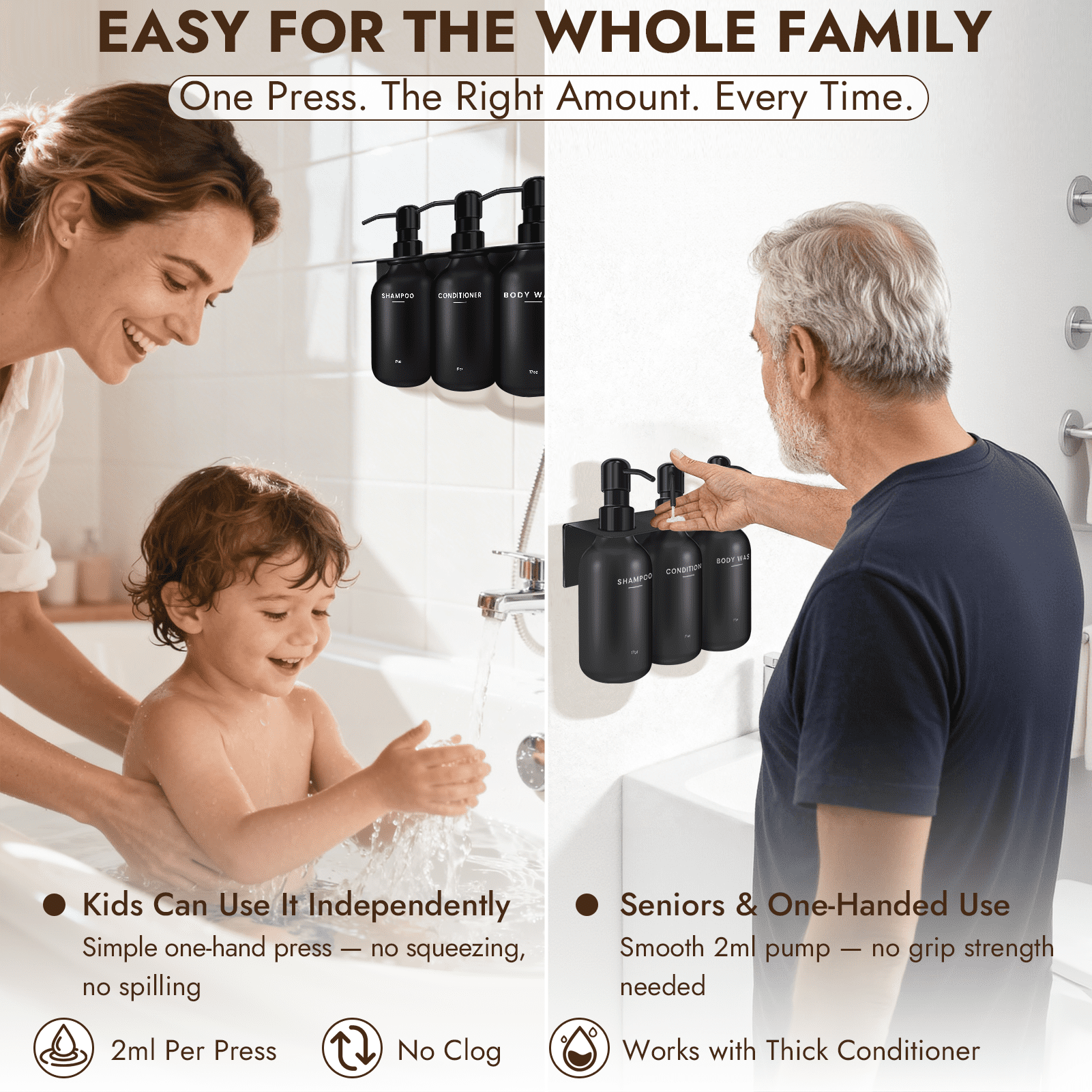 Nurforta Shampoo and Conditioner Dispenser - Shower Soap Dispenser Wall Mounted - 17 fl oz Set of 3 Black Plastic Bottles with Stainless Steel Pumps & No-Drill Adhesive Holders for Bathroom