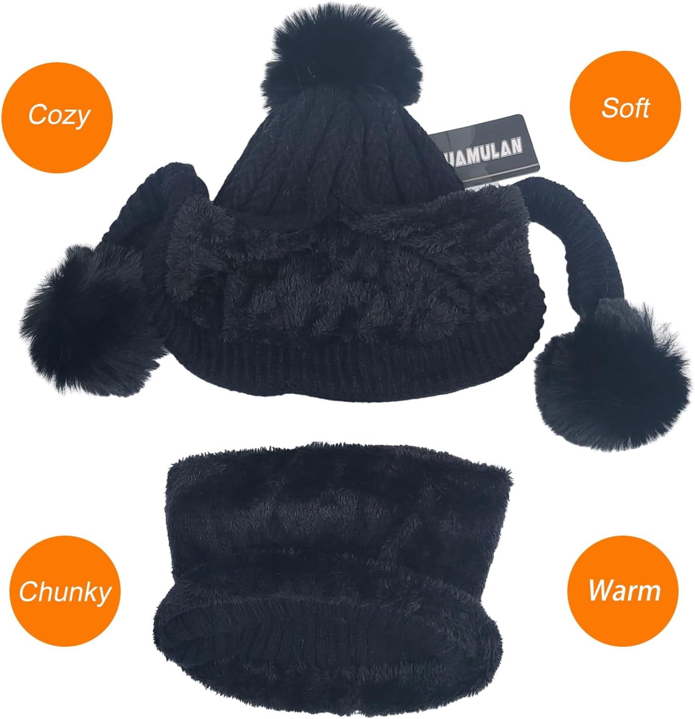 Zhengup Women Winter Beanie Hat Circle Scarf Set Pompoms Peruvian Ski Snow Ear Flaps Sherpa Knit Hats Fleece Lined,S to M Size Head
