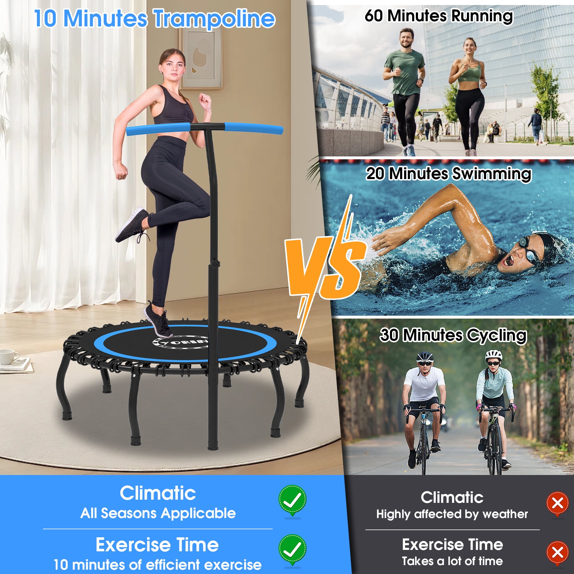 YORIN Rebounder Foldable Trampoline for Adults, 330LBS Fitness Indoor Trampoline, 48" 40" 50" Mini Exercise Trampoline with Bungees, 3 Level Adjustable Foam Handle Bar, Stable Quiet Small Trampoline