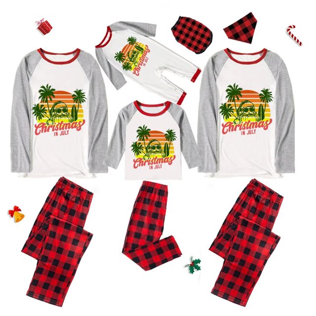 Pijamas familiares navideños a juego, conjuntos de pijamas a cuadros blancos y negros, árboles de coco, Navidad en julio