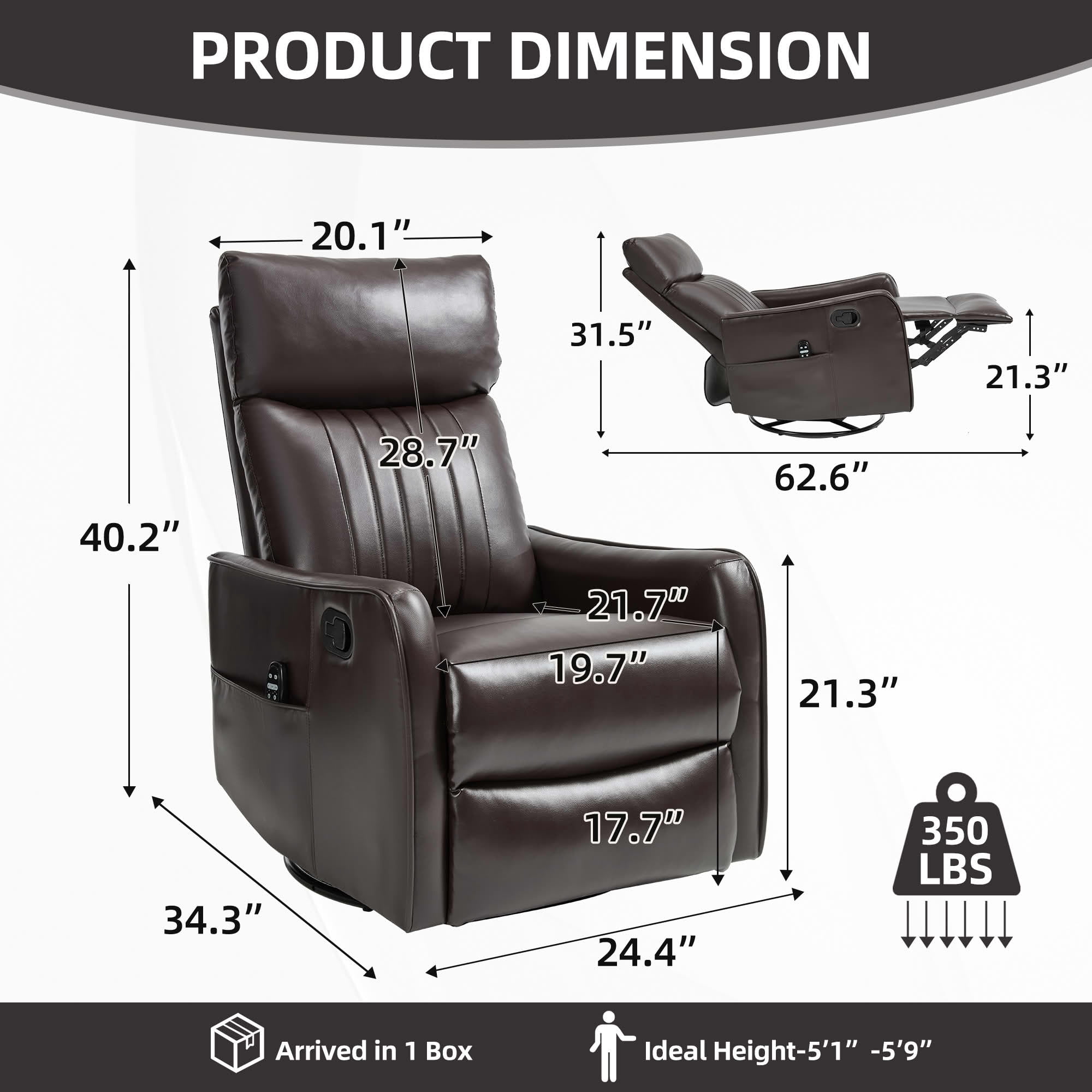 MAYEERTY 360° Swivel Rocker 155° Recline Faux Leather Heat Massage Recliner Chair for Living Room, Black