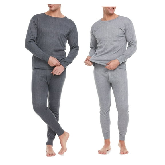 iBerryNY Men Thermal Winter Underwear Long John 100% Cotton Fleece, Light & Dark Gray 2 Pairs, Large