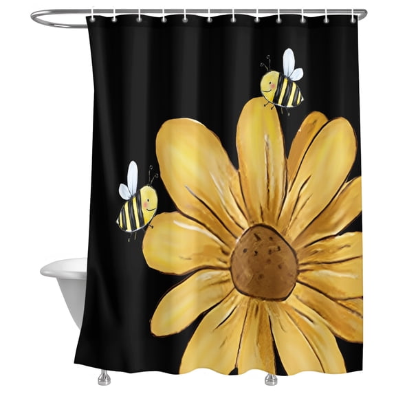 Daisy Flower Honeybees Shower Curtain, Yellow Farmhouse Floral Black Lightweight Waterproof Fabric Shower Curtain with Rustproof Grommets for Bathroom Bathtub 60x72in
